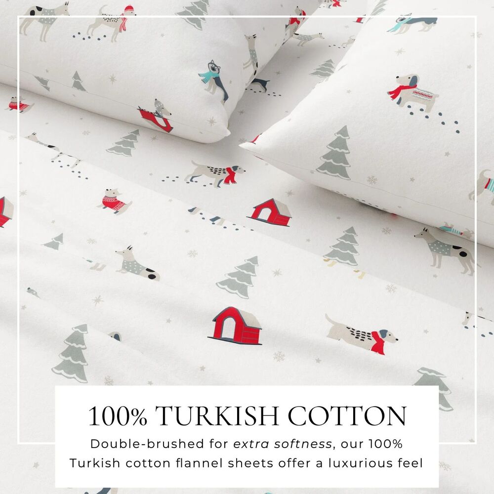 Winter Christmas "Pups in the Snow" Turkish Cotton Flannel 3-pc Twin Sheet Set